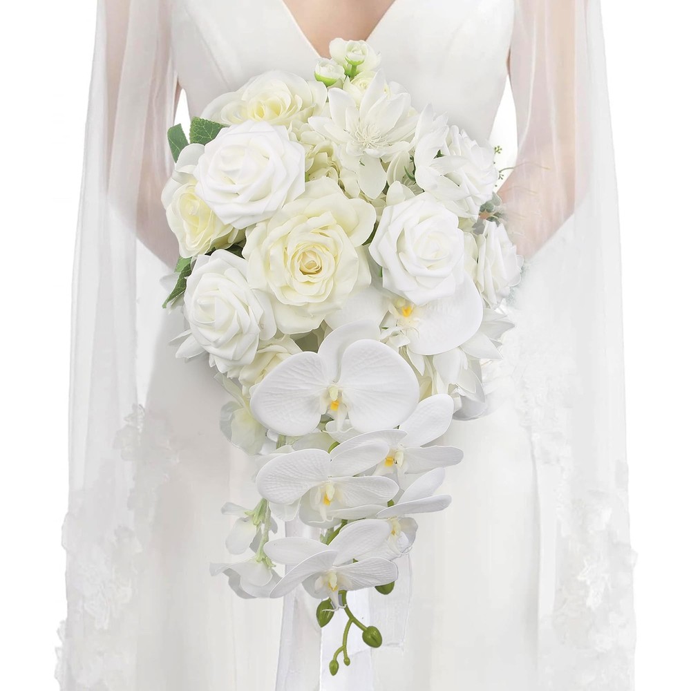 Rinlong White Orchid Cascading Wedding Bouquets for Bride Cascade Bridal Bouq…