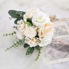 9.5In Wedding Bouquets for Bride Bridesmaid, Champagne Roses White Artificial Fl