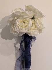 Artificial Bridal Bouquet – White Peony with Sparkles & Navy Blue Ribbon Handle