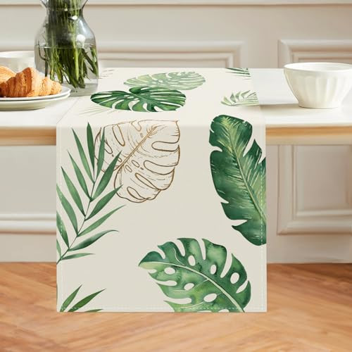 Tropical Palm Leaves Monstera Table Runner 13×90 Inch Summer Green Plant