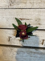Black and burgundy Hand tied wedding bouquet with matching boutonnière.
