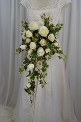 Creamy Rose and Ivy Cascade Faux Silk Wedding Bouquet