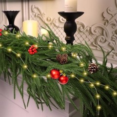 2Pcs 6 Ft Artificial Norfolk Pine Garland with 50 LED Lights,Winter Pine