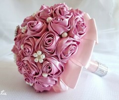 Bridal Bouquets Pink Satin Ribbon Roses, Crystal Brooches, Cream Pearl