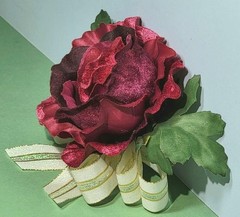 Large Deep Red Velveteen Silk Rose & Bow Corsage Princess “Kachi” Garden Flower