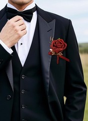 PartyforU Red Rose Boutonniere and Corsage Set – 2 Pcs Artificial Flowers