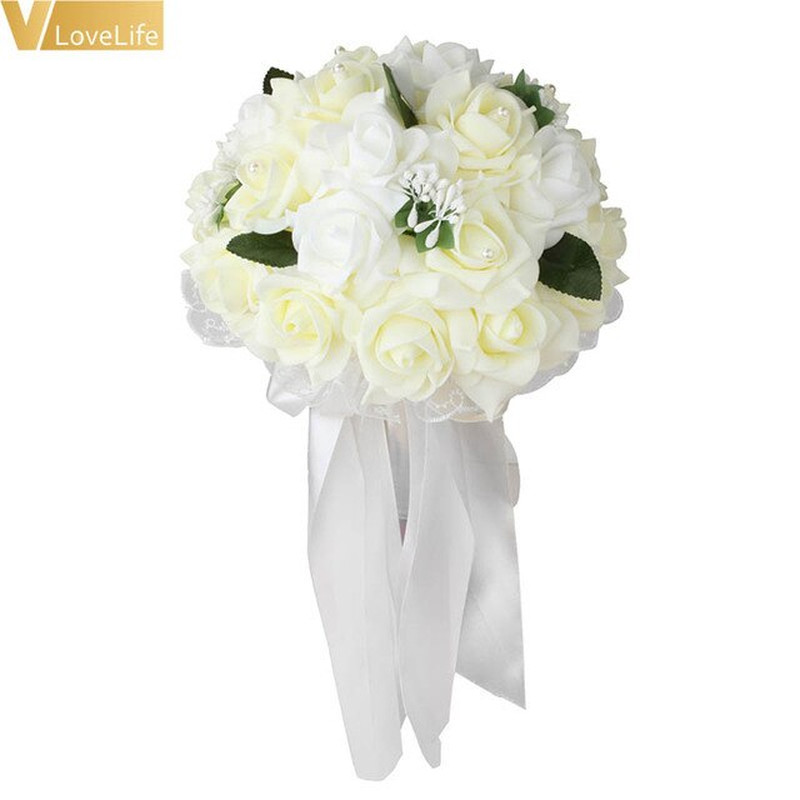 Wedding Bouquet Bridal Bridesmaid Artificial Silk Rose Flowers with Lace Fake Fl