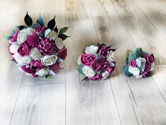 Fuchsia Bridal Bouquet Sola Wood Flower Dark Pink Ivory White Bridesmaid Corsage