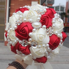 Handmade Luxury Rose Silk Pearls Rhinestone Brooch Wedding Bridal Bouquet Ivory