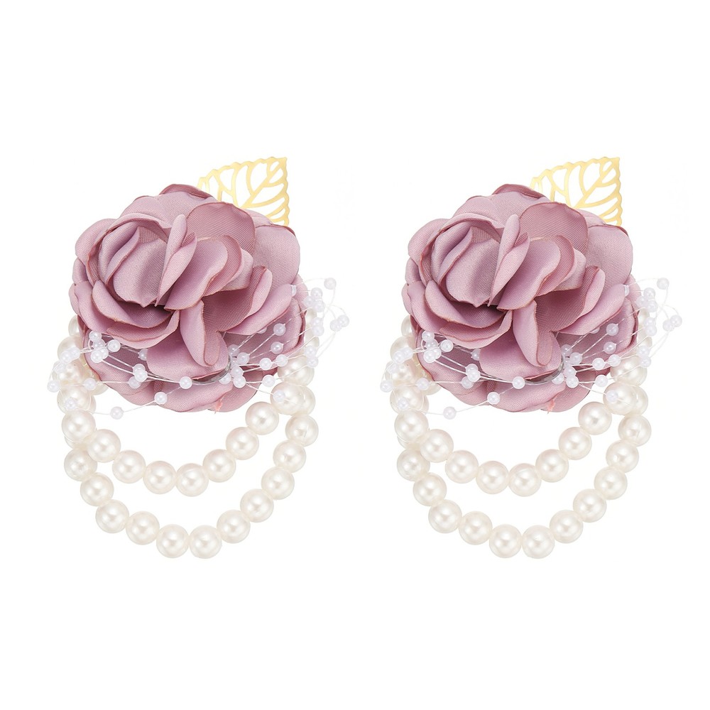 2 Pcs Rose Bridesmaid Wrist Flower Artificial Bride Wrist Purple