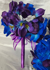 Wedding Bouquet Set, Purple, Blue, White, Roses, Orchids, 17 Piece Wedding Pkg