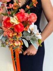 Orange Flower Fields faux wedding bouquet w. orchid, ranunculus, rose, daisy