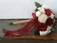 Burgundy Sola Wood Bridal Bouquet Dark Red Bridesmaid White Flowers for Wedding