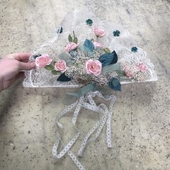Vintage Shabby Chic Heart Wedding Bouquet Lace Green Ribbon & Pink Roses Wrist