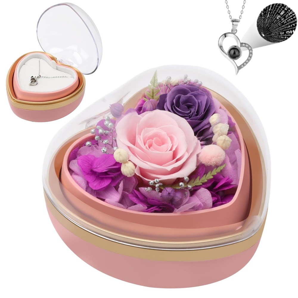 Preserved Real Rose with I Love You Necklace in Heart Shaped Box, Valentines Day