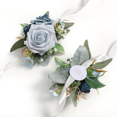Set of 6 Dusty Blue Flowers Wrist Corsage for Wedding, Artificial Flower Wrist C