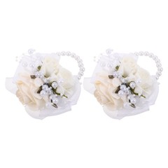 2 Pcs Wedding Corsage Wristlet With Artificial Flowers And Pearl For Bridesmaids