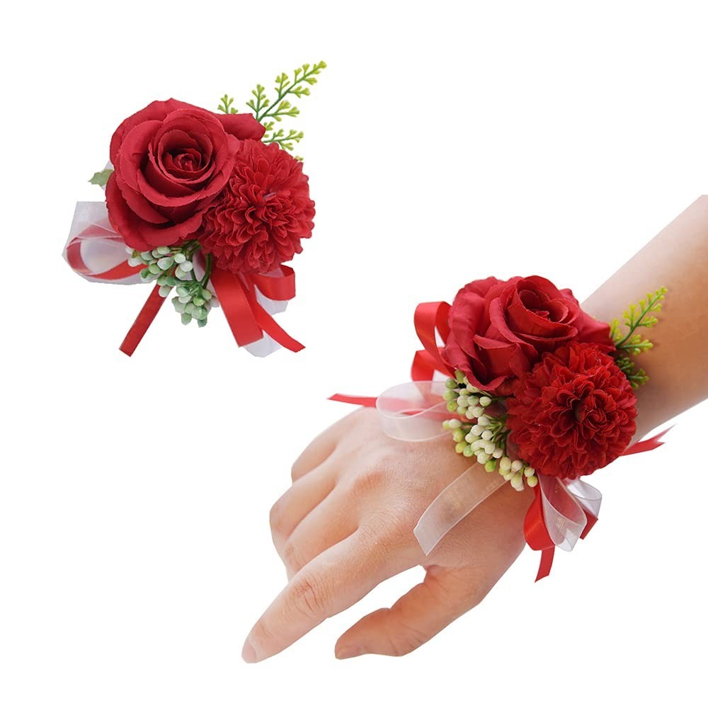 2pc Red Rose Wrist Corsage Set Handmade Artificial Flower for Wedding Prom Party