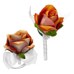 2Pcs Wrist Corsage Boutonnieres Set with White Ribbon, Autumn Orange