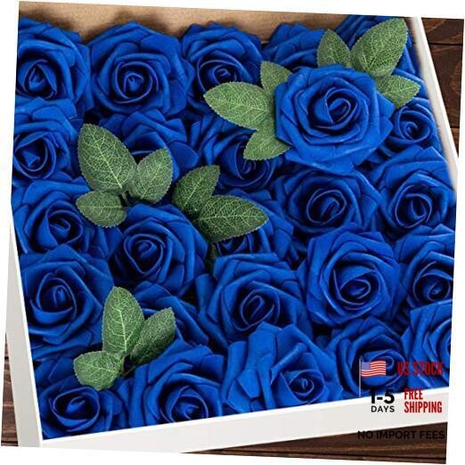 Artificial Flowers 25pcs Real Looking Foam Fake Roses with 25Pcs Royal Blue