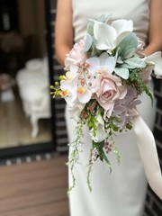 Soft pink & white rose, orchid & lily Wedding Waterfall Bouquet in real touch