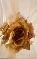 16 pc Artificial Rose Pomander/Wedding Décor / Ribbon, Burgundy/Gold w/Pew Clips