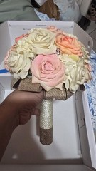 Handmade Faux Rose Bridal Bouquet Ivory Blush Peach Roses Rhinestone Accents
