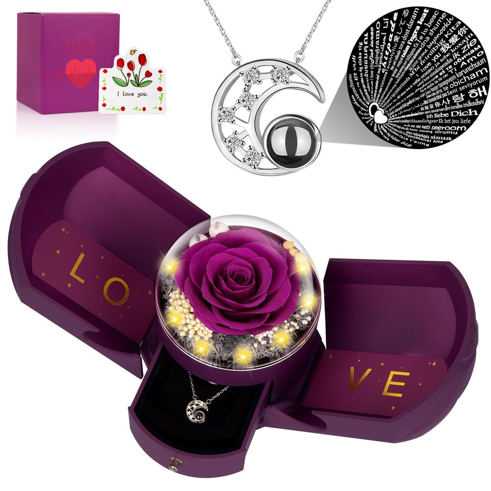 Preserved Real Rose with l Love You Necklace Eternal Forever Palace Purple