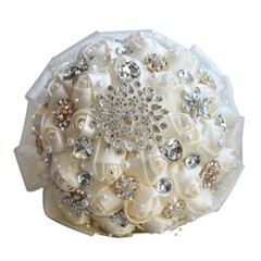 Handmade Luxury Rose Silk Pearls Rhinestone Brooch Wedding Bridal Bouquet Ivory