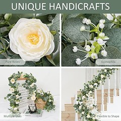 4 Pack Artificial Eucalyptus Flower Garland with Roses, Fake Rose 4PCS White