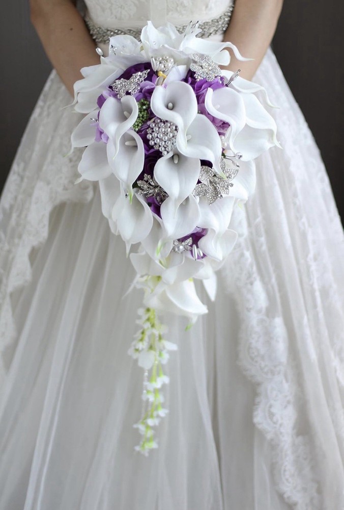 Bridal Bouquet, Wedding, Calla Lilies, Waterfalls, Water Drop Style-Purple