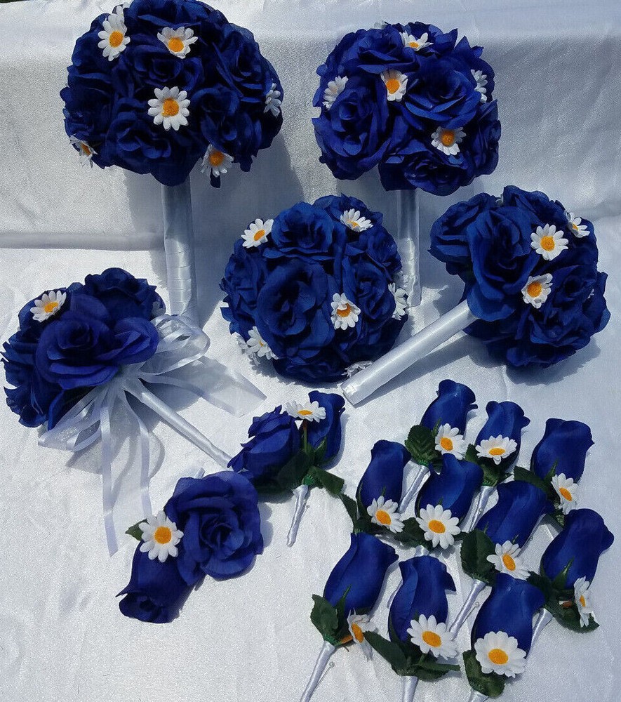 17 Piece Wedding Bouquet Package, Blue Roses, White Daisies, Wedding Bouquet Set