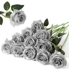 12PCS Artificial Silk Flowers Realistic Roses Bouquet 12Pcs Flowers Silver