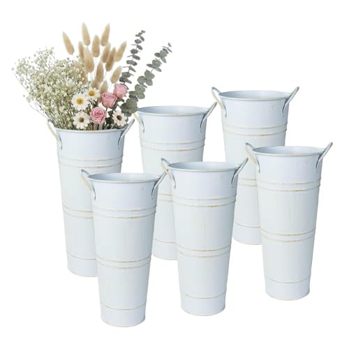 9″ Tall Galvanized Flower Bucket Pcs French Metal Vases with 6 Vintage White