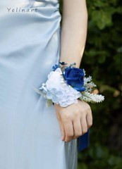 Blue White Corsage Boutonniere Set Prom Wedding Homecoming Artificial Rose