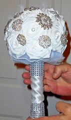 Bridal Bouquet Silver Clear Gem Brooch Pin Bling White Latex Roses Satin Tulle