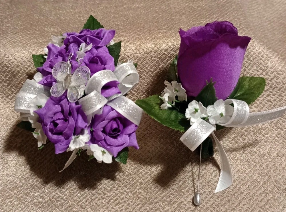 NEW 5″ Artificial Purple Rose Wrist Corsage W/Butterfly, Silver Bow Purple Bout
