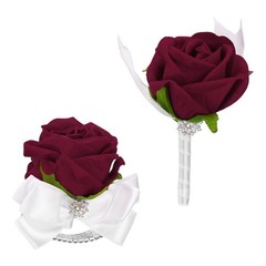 2Pcs Wrist Corsage Boutonnieres Set with White Ribbon, Bright Red