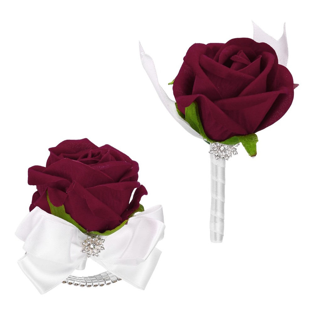 2Pcs Wrist Corsage Boutonnieres Set with White Ribbon, Bright Red