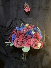 Burgundy And Navy Blue Wedding Bouquet With Matching Boutonnière