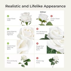 PCS Artificial Roses Bulk Velvet Silk Fake Roses, Realistic Flowers 60 White