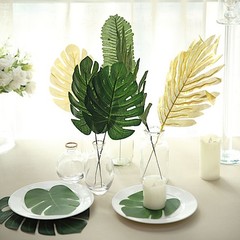 28 Green Gold Assorted SILK LEAVES Artificial Palm Tropical Monstera Stems Party