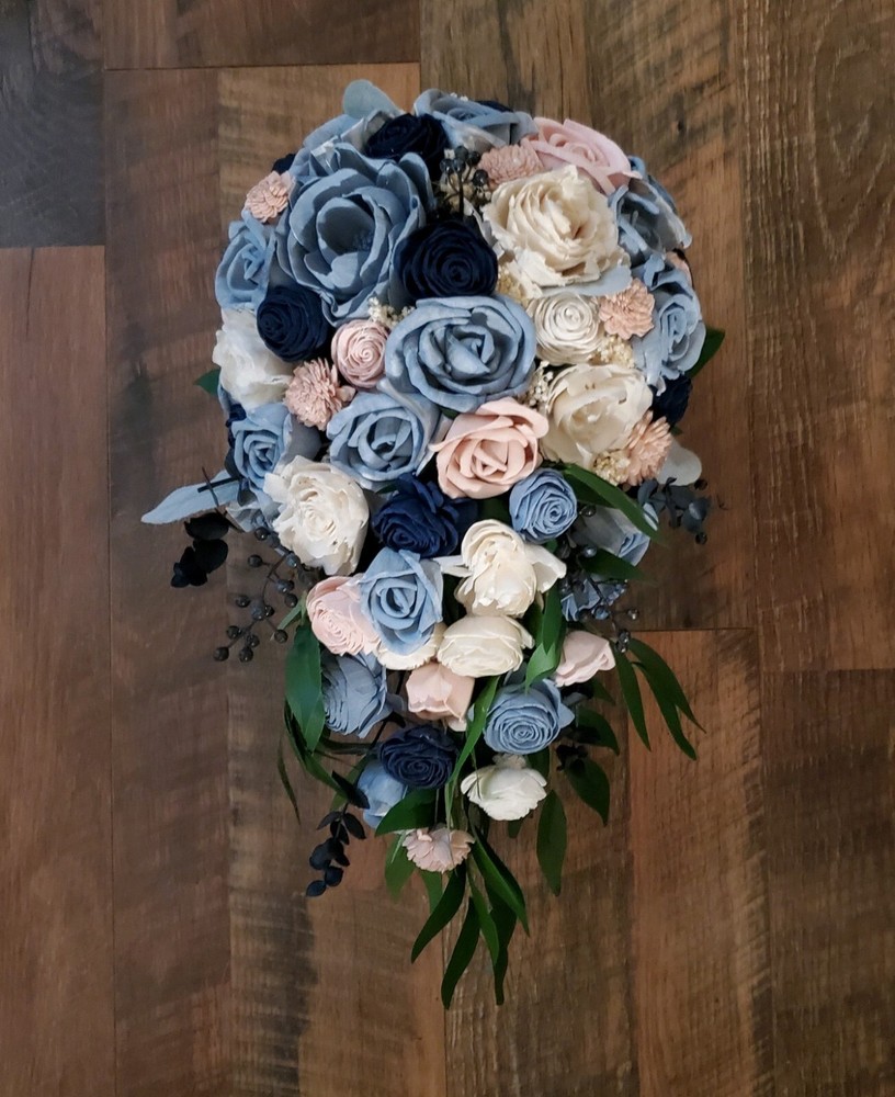 Dusty Blue Pink Sola Wood Cascade Bridal Bouquet Navy Blush Wedding Flowers