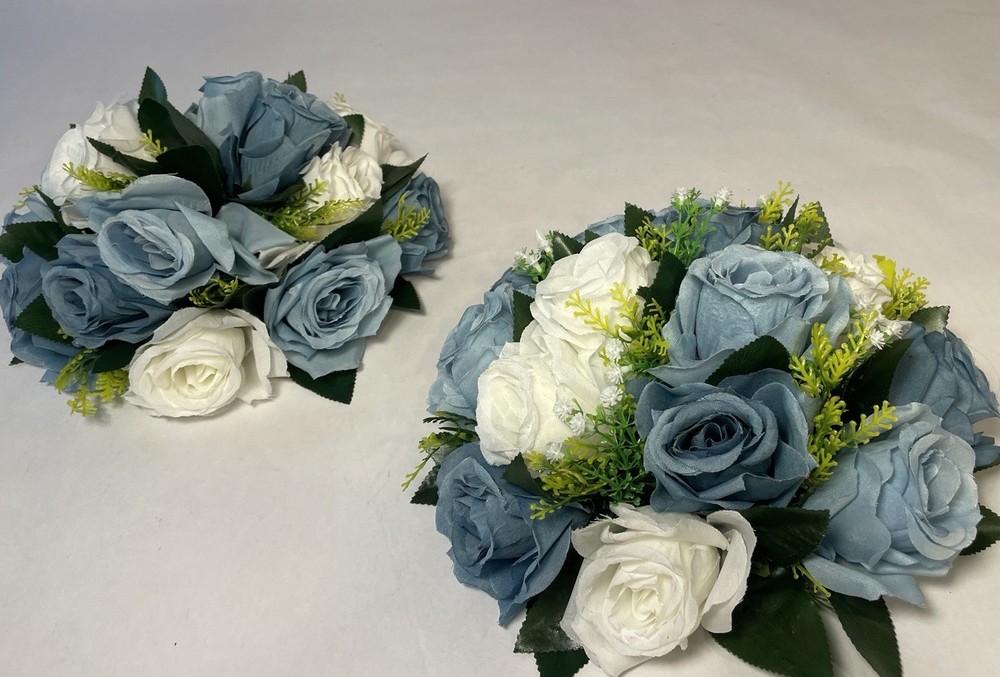 Bouquet Centerpiece Silk Flower Ball-WHITE/BLUE- Event Decor Wedding LOT OF TWO