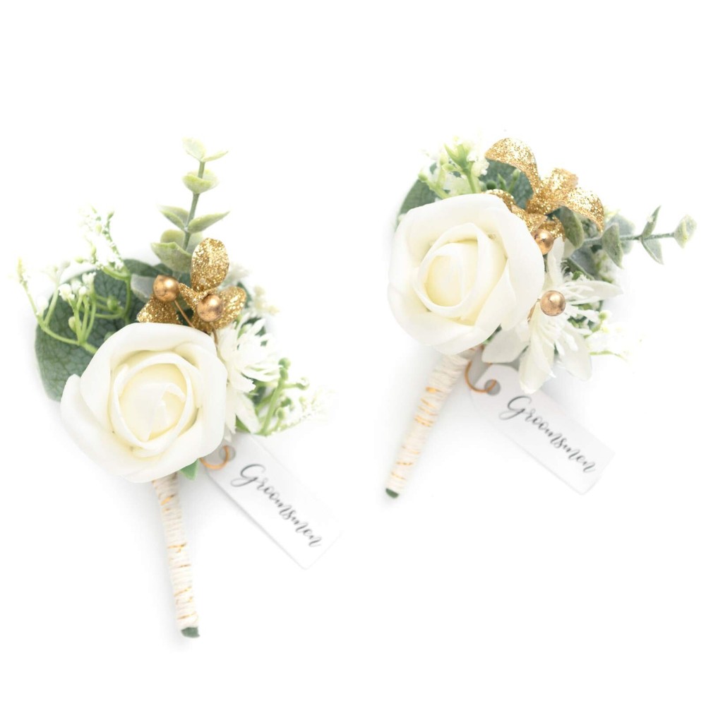 Ling’s Moment Ivory&Greenery Eucalyptus Boutonniere for Men Wedding with Pins…