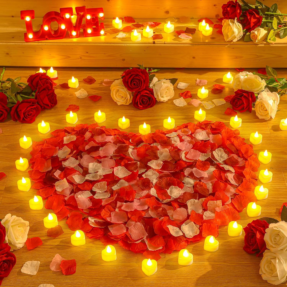 1000 Pieces Artificial Rose Petals with 24 Pcs Flameless Heart Shaped LED Tealig