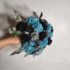 Turquoise Black Silver Rose Sola Wood Bridal Wedding Bouquet Accessories