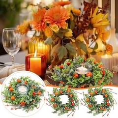 6 Pcs Thanksgiving Candle Rings Wreaths Decorative Artificial Orange, Green