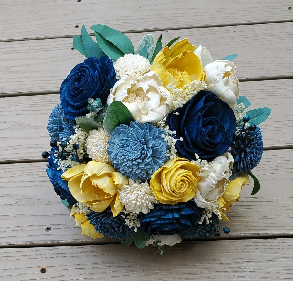 Dusty Blue Yellow Gold Navy Sola Wood Bridal Bouquet Bridesmaid Wedding Flowers