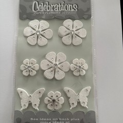 Celebrations Paper Flower by Petaloo Jeweled Orchids & Butteflies White 8 pc
